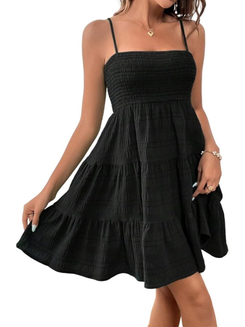 Women's Black Summer Spaghetti Strap Smocked A Line Flowy Swing Short Mini Dress